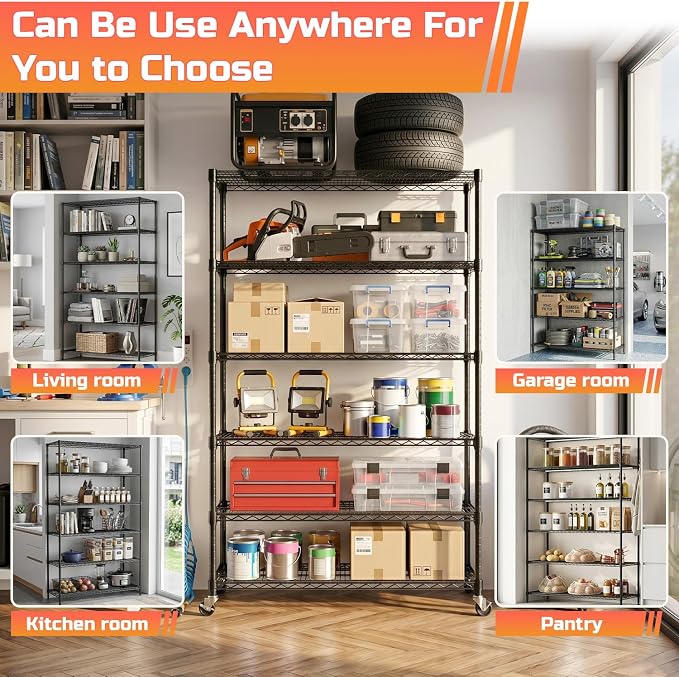 FDW | 6-Tier Wire Shelf with Wheels | 48" x 18" x 76" | Black | Storage Shelves with Adjustable Racks, Holds upto 600 lbs | Rust-Resistant, No-Tool Assembly | For Home, Garage