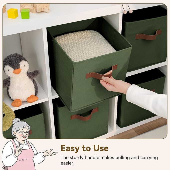 GRANNY SAYS Cube Storage Bins, 11 Inch Storage Cube Organizer, Collapsible Fabric Storage Cubes with PU Handles, Decorative Cube Storage Organizer for Shelves, Closet, Olive Green, 6-Pack