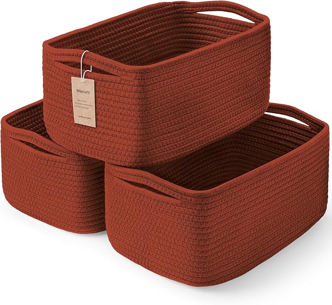 3-Pack Storage Baskets for Organizing | Woven Shelf Toy Basket | Rope Baskets for Gifts Empty | Closet Organizer Bins with Handles | Cube Decorative Box | 13.7×7.1×6.7” | Brick Red