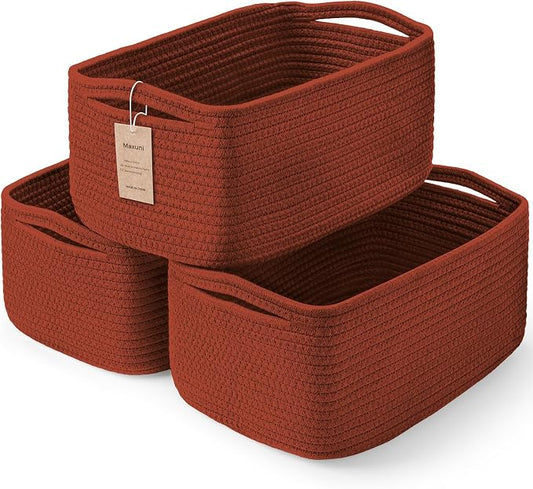 3-Pack Shelf Baskets for Organizing, Closet Organizer Bins, Small Woven Baskets, Rope Toy Basket, Storage Basket for Shelves, Cube Decorative Box, 11.8×7.8×5.1”, Oxide Red