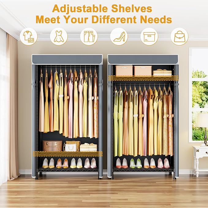 H5C Clothes Rack with Cover, Covered Clothing Rack Heavy Duty | Garment Rack with Shelves, 3-Tier Portable Closets for Hanging Clothes, Max Load 360LBS, Black Closet Racks with Gray Cover