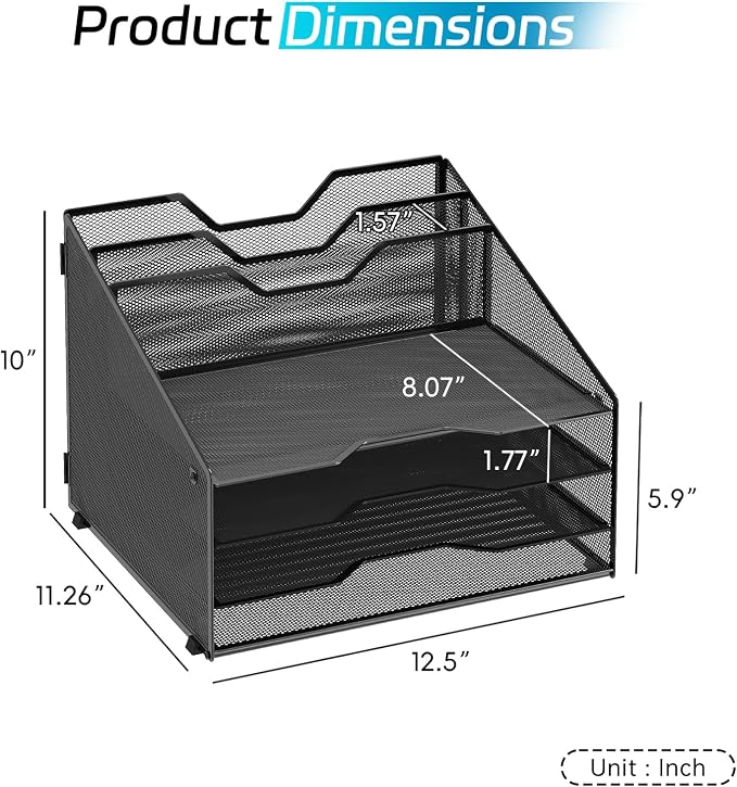 Desk File Organizer, 4 Letter Trays and 2 Upright Sections, Black | Paper Organizer for Desk with Tiered Letter Trays and Vertical File Holders for Home Office, School and Workspace Use