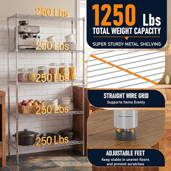 FDW | 5-Tier Wire Shelf | 36" x 14" x 72" | Chrome | Storage Shelves with Adjustable Racks, Holds upto 1250 lbs | Rust-Resistant, No-Tool Assembly | For Home, Garage
