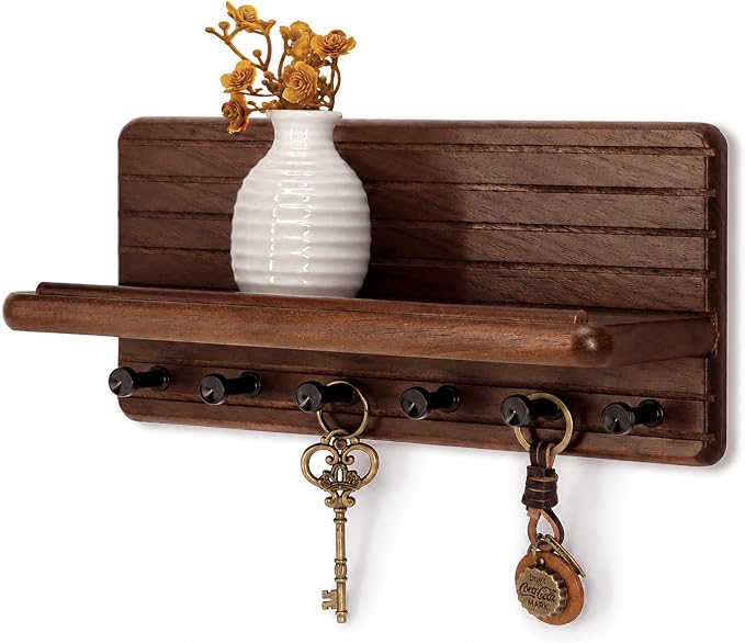 Walnut Wood Key Holder Wall Mount with Round-Corner for Room Decor, Brown | 6 Sturdy Key Hooks, Funtional Floating Shelf, Double as Mail Holder, Ideal for Home Decor, Rustic Apartment Essentials