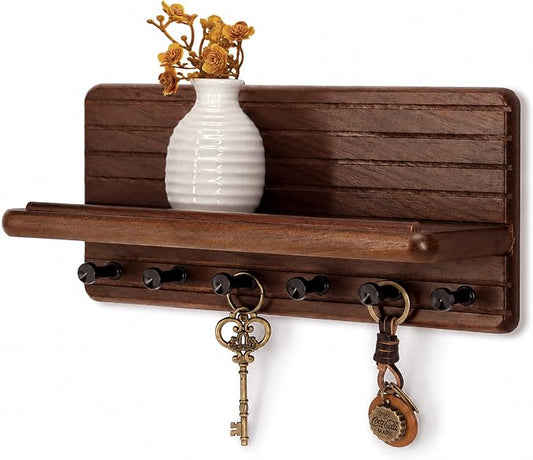 Walnut Wood Key Holder Wall Mount with Round-Corner for Room Decor, Brown | 6 Sturdy Key Hooks, Funtional Floating Shelf, Double as Mail Holder, Ideal for Home Decor, Rustic Apartment Essentials