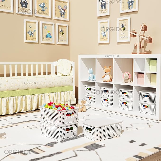 ORGIDOL Plastic Storage Basket with Lids 10 Pack Stackable Storage Bins Containers with Lid, Decorative Storage Boxes for Organizing Shelves, Drawers, Playroom, Classroom, Office, Closet, White
