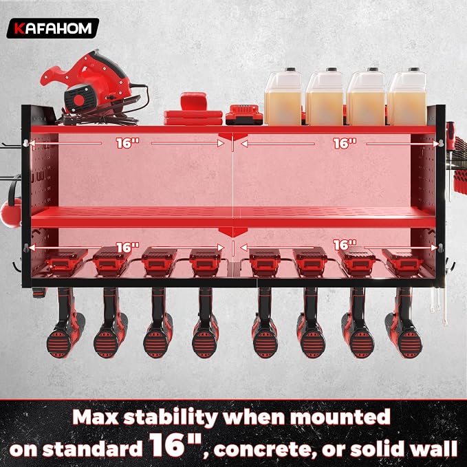 Power Tool Organizer with Charging Station, Built in 8 Outlet Power Strip, Large 8 Drill Holder Wall Mount, Heavy Duty Metal Power Tool Storage Rack Tool Shelf for Garage Organization Red