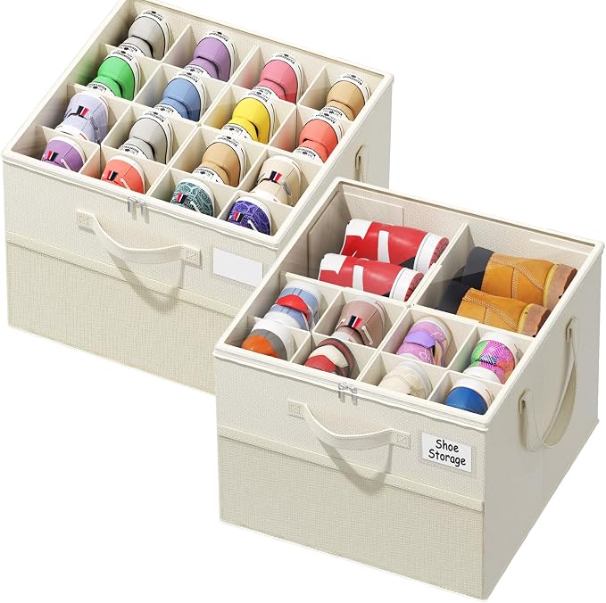 Plus Size 2 Pack Shoe Organizer for Closet, Foldable Shoe Storage Box | 16–24 Pair Shoe Storage for Sneakers, Boots & Heels with Adjustable Dividers, Clear Cover & Space Saving Closet Storage