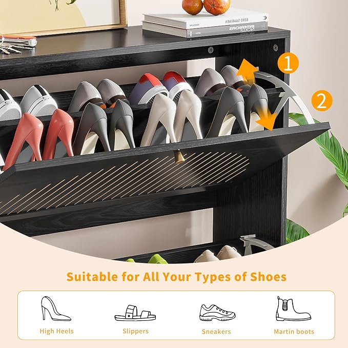 Fsbecl Shoe Storage Cabinet for Entryway with 2 Flip Drawers, Narrow Wood Shoe Cabinet with Fluted Panel, Freestanding Hidden Shoe Organizer for Hallway