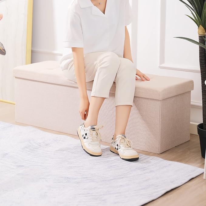 Shoe Storage Ottoman Foldable Seat Footrest Tufted Bench End of Bed Storage with Flipping Lid, 166L Storage Upholstered , Linen Fabric Beige, 45.3 Inches