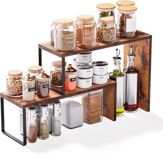 Kitchen Countertop Organizer, Spice Rack Cabinet Organizer Shelf Stackable Counter Corner Shelves Organization and Storage for Pantry, Counter top, Coffee Station Wood Rustic Brown