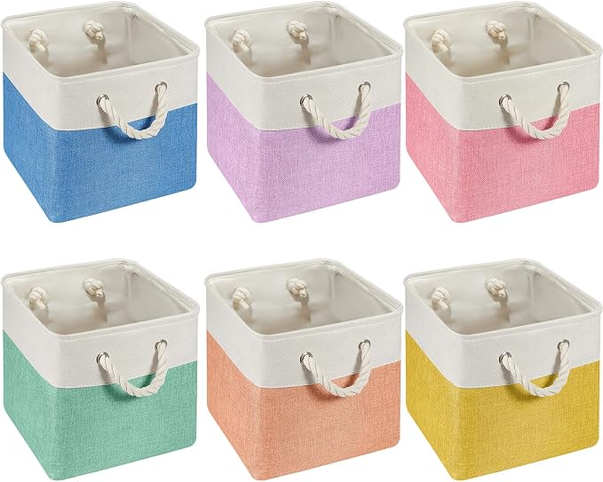 Geiserailie 6 Pcs 13 x 13 Inch Cube Storage Bins Fabric Storage Organizer Bins Foldable Cube Baskets with Sturdy Carry Handles Wicker Baskets for Home (Macaron Color)