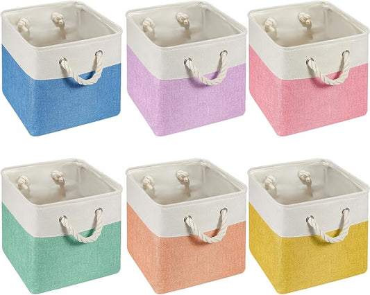 Geiserailie 6 Pcs 13 x 13 Inch Cube Storage Bins Fabric Storage Organizer Bins Foldable Cube Baskets with Sturdy Carry Handles Wicker Baskets for Home (Macaron Color)