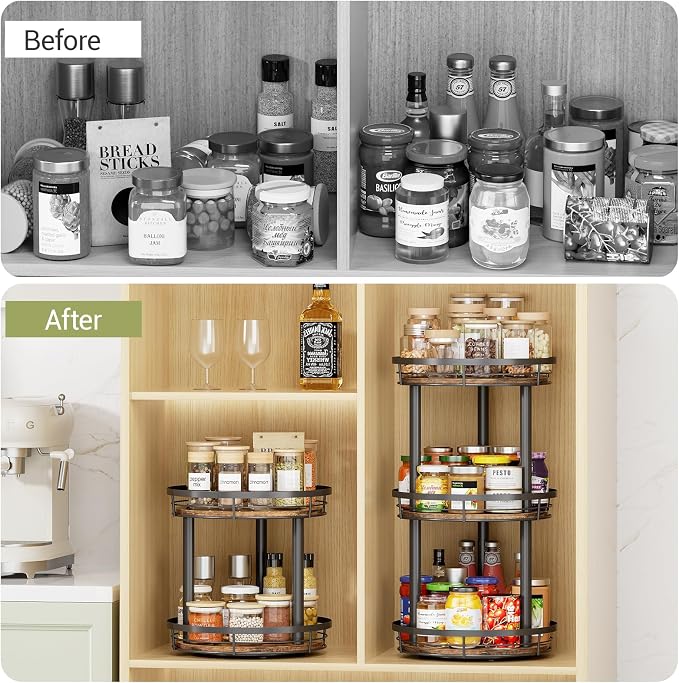 LAMU 12'' Wood Lazy Susan Spice Rack Organizer, 3 Tier Spice Organization for Cabinet, Countertop, Kitchen, Table Top, Pantry, Condiment and Seasoning Rack Organizer
