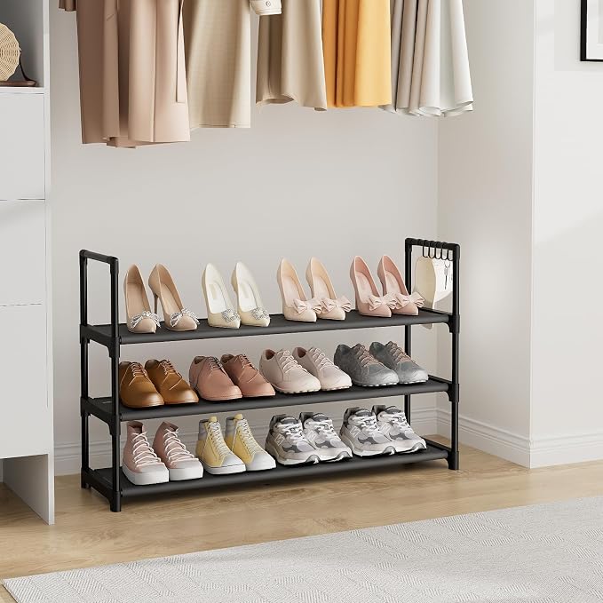 VILICK Shoe Rack for Closet Shoe Organizer Space Saver Storage for 12-15 Pair Shoe Shelf with Hook Free Standing 3 Tier Shoe Rack Organizer for Entryway, Small Spaces, Black