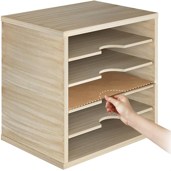 Ballucci 5-Tier File Organizer for Desk, Mail Sorter, Office Desk Organization, Paper Storage Organizers, Folder Holder for Desk, Letter Trays & Stacking Supports, Brushed Wood