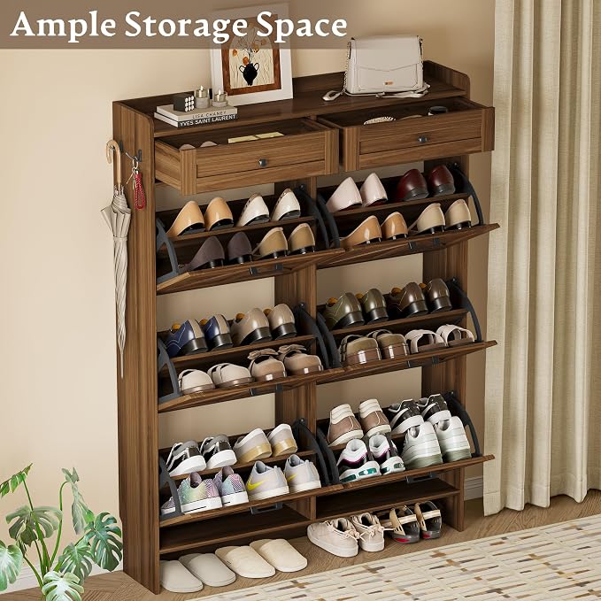 BORNOON Shoe Cabinet for Entryway, Farmhouse Shoe Storage Cabinet with 6 Flip Drawers and 2 Top Drawers, Tall Narrow Shoe Organizer Cabinet with Adjustable Shelves, Side Hooks and Anti-Tip Kit