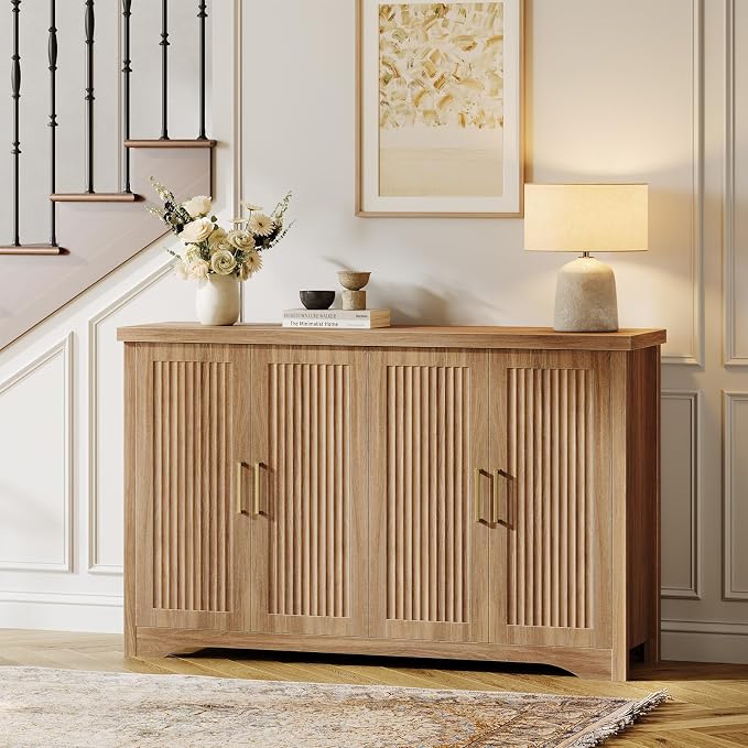 55" Fluted Sideboard Buffet Cabinet with Storage,Natural Oak | Modern Credenza with 4 Doors & Adjustable Shelves,Coffee Bar Table Console for Dining Room Kitchen Living Room Entryway