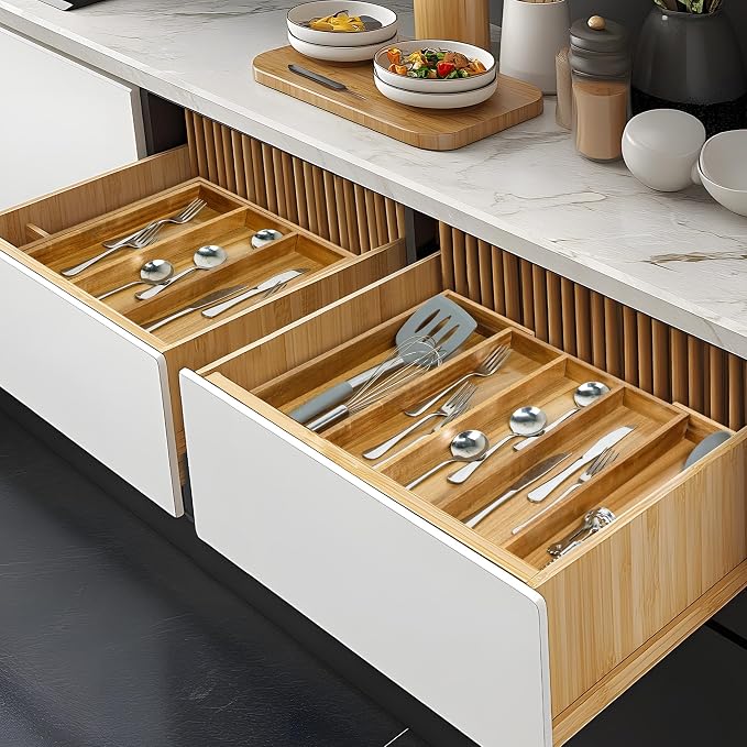 VaeFae Bamboo Drawer Organizer, Large, Acacia | Expandable Silverware Organizer, Kitchen Utensil Storage, Wooden Cutlery Tray with Dividers, Fork and Spoon Holder