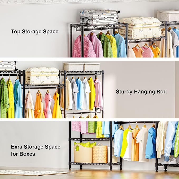 M MZG Heavy Duty Rolling Garment Rack 6 Tiers Adjustable Wire Shelving Clothes Rack with Rods Storage Closet Clothing Rack Black 15.7" D x 70.8" W x 76.5" H