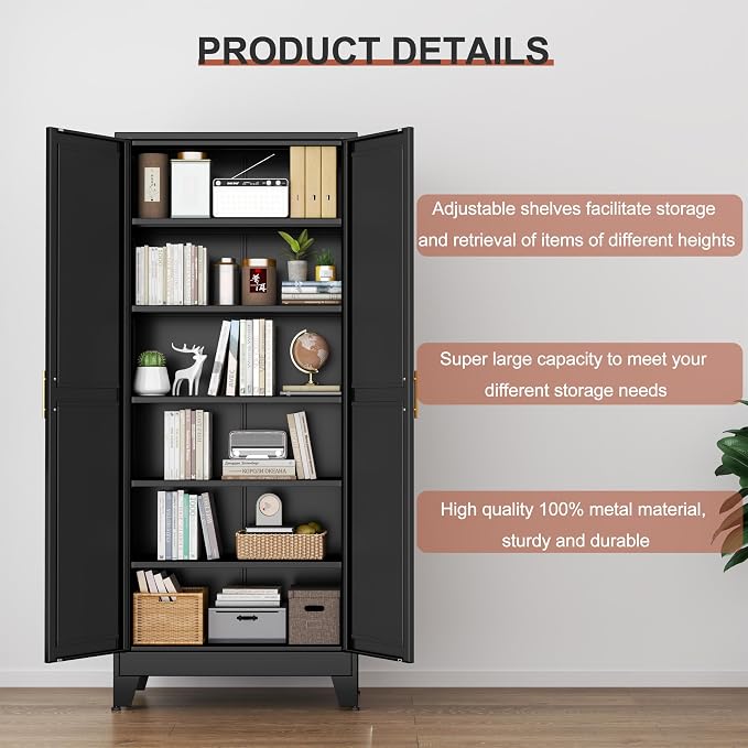 PAOFIN Kitchen Pantry Storage Cabinet with Doors and Adjustable Shelves, Metal ClosetMaid Food Pantry Cabinets, 75" Tall Freestanding Cupboard for Kitchen, Laundry or Utility Room, Black