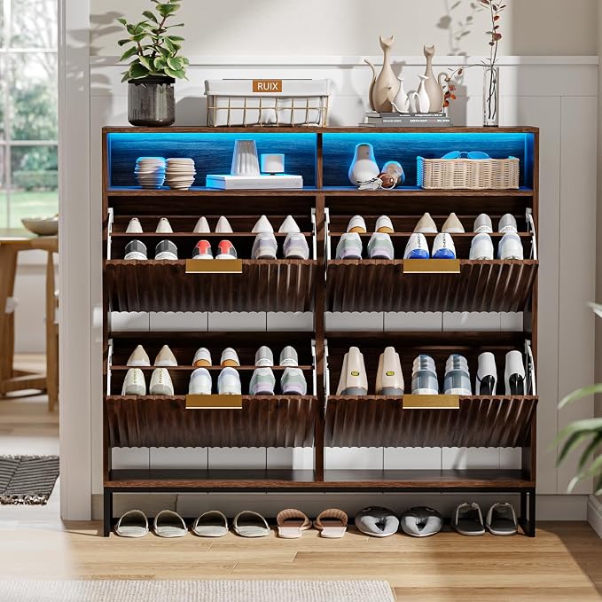 VINGLI Walnut Fluted Shoe Cabinet for Entryway, Narrow Hidden Shoe Storage Organizer with 4 Flip Drawers & 16-Color LED Lights, Mid Century Modern Slim Freestanding Shoe Rack with Cubby