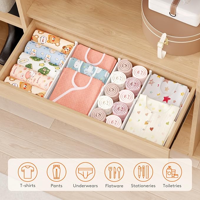 Lifewit 14 Pack Drawer Dividers for Clothes, 4" High 10.5"-16.5" Expandable Dresser Drawer Organizers, Adjustable White Plastic Separators for Kitchen, Cabinet, Nursery, Socks & Underwear Storage