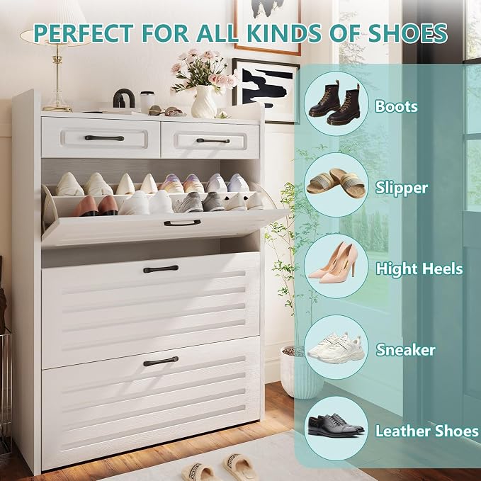 ODUWA Shoe Cabinet with 3 Flip Drawers and 2 Storage Drawers, Shoes Organizer Cabinets with Adjustable Divider, Hidden Shoe Storage Cabinet for Entryway, Hallway, Living Room, White