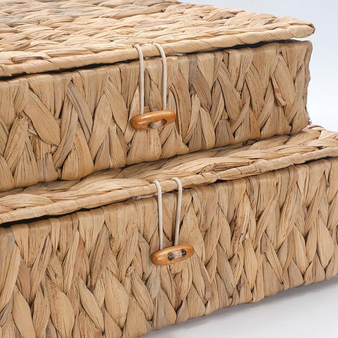Wicker Storage Basket with Lid, Flat Water Hyacinth Baskets, Shallow Woven Basket for Shlef, Decorative Storage Boxes for Organizing