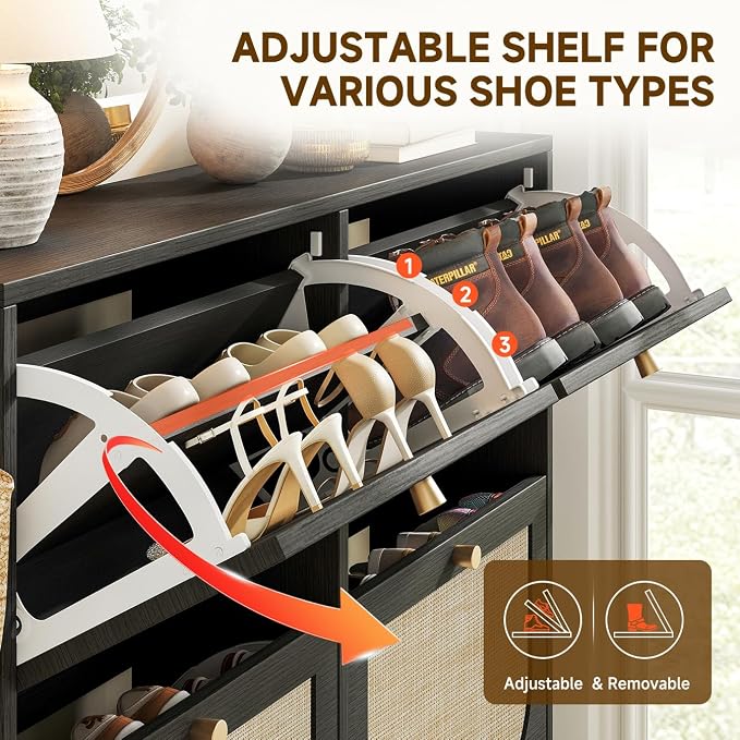 Nicetree Shoe Storage Cabinet for Entryway, Rattan Vintage Flip Shoe Rack- 4 Flip Drawers & 3-Tier Adjustable Shelves,Boho Shoe Organizer for 28-36 Pairs - Fits Size 12 Boots, 9.5" Ultra Slim