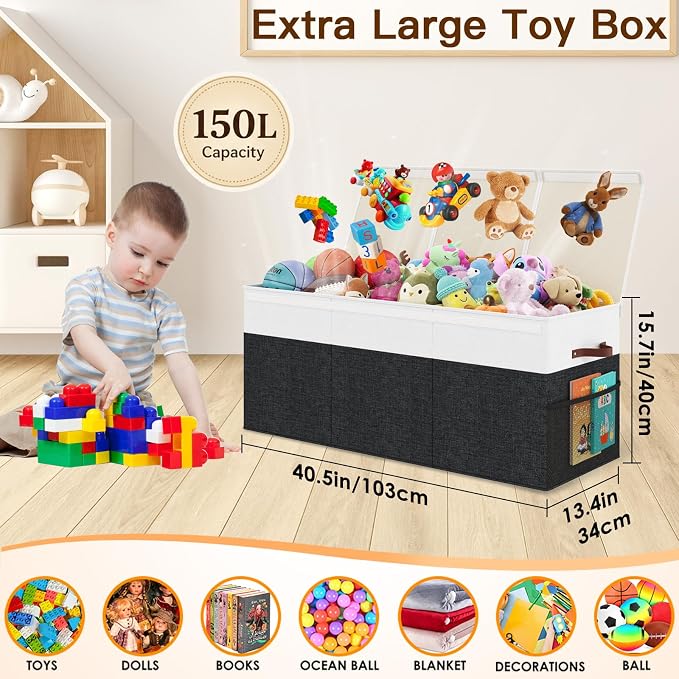 150L Extra Large Toy Storage Box with Lid for Boys Girls Nursery Playroom | Collapsible with Lid, Removable Divider, 40"x14"x16", Side Pockets, For Nursery, Living Room, Playroom
