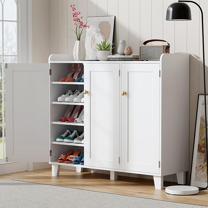 Shoe Storage Cabinet with 3 Doors and Adjustable Shelves，40 Inch Tall Farmhouse Flat-Shelf Wooden Shoe Cabinet，Shoe Rack Shoe Organizer Cabinet for Hallway Entryway Living Room （White）