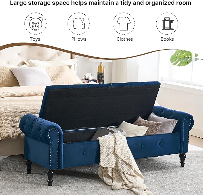 Storage Bench 67" Velvet End of Bed Benches Navy Blue | King Size Storage Bench for Bedroom with Rolled Arms Tufted Ottoman Benches Upholstered Bench for Living Room Entryway