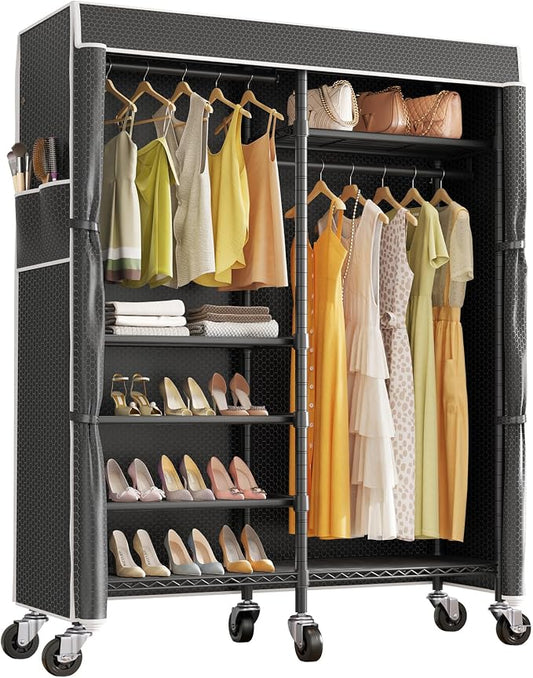VIPEK R4C Portable Closet Rolling Clothes Rack with Wheels & Zippered Cover | Black Upgraded Fabric Cover, Lockable Wheels, 4 Adjustable Shelves, 2 Hanging Rods, Metal Porable Garment Rack for Bedroom