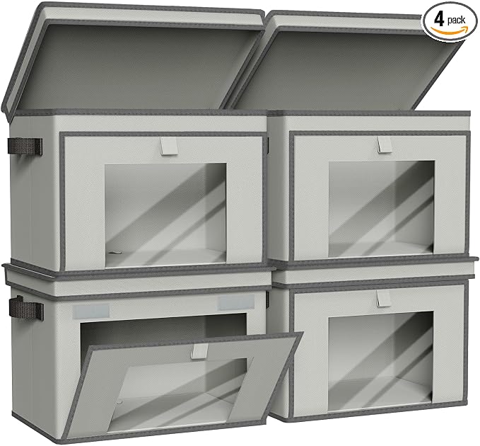 Univivi Front Opening Storage Bins with Lids for Home, Gray, 4 Pack | Foldable Fabric Storage Boxes, Large Closet Organizers and Storage with Clear Window & Handles for Clothing Storage