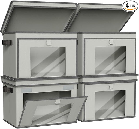 Univivi Front Opening Storage Bins with Lids for Home, Gray, 4 Pack | Foldable Fabric Storage Boxes, Large Closet Organizers and Storage with Clear Window & Handles for Clothing Storage
