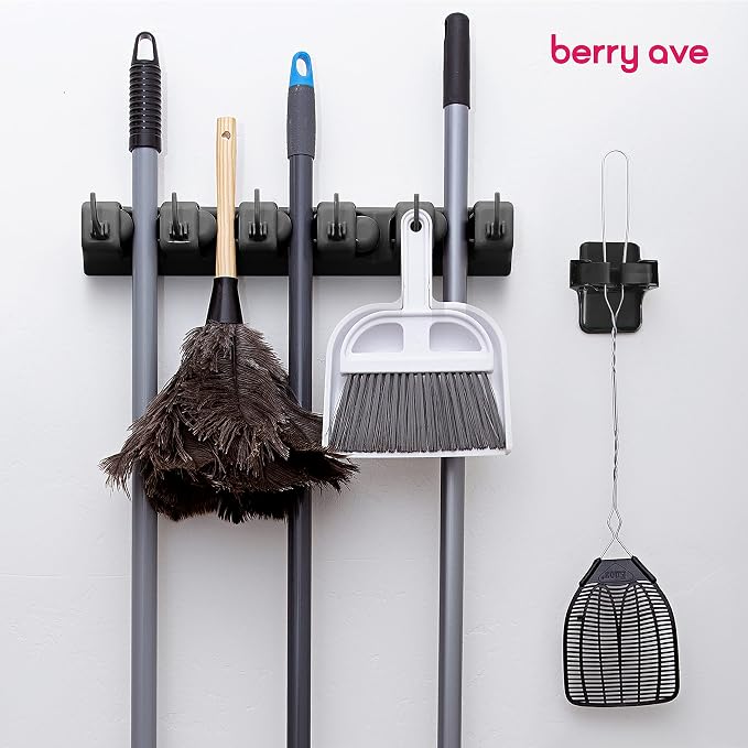 Combo 5 Slot Broom Holder w/ 1 Self Adhesive Mop Gripper No-Drilling, Wall Mount Tool Organizers For Kitchen, Garage, Laundry Room- Anti-Slip Hanger For Brooms, Mops, Rakes, Dustpans (Black / Black)