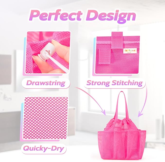 famichan Mesh Portable Shower Caddy with Drawstring, Girls Dorm Room Essentials