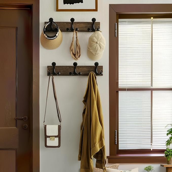 WEBI Coat Rack Wall Mount,17" Solid Wood Coat Hooks Wall Mounted Coat Hanger,16" Hole to Hole,Heavy Duty Hook Rack Rail,3 Triple Hooks for Hanging Coats,Jacket,Clothes,Hat,Weathered Brown,2 Packs