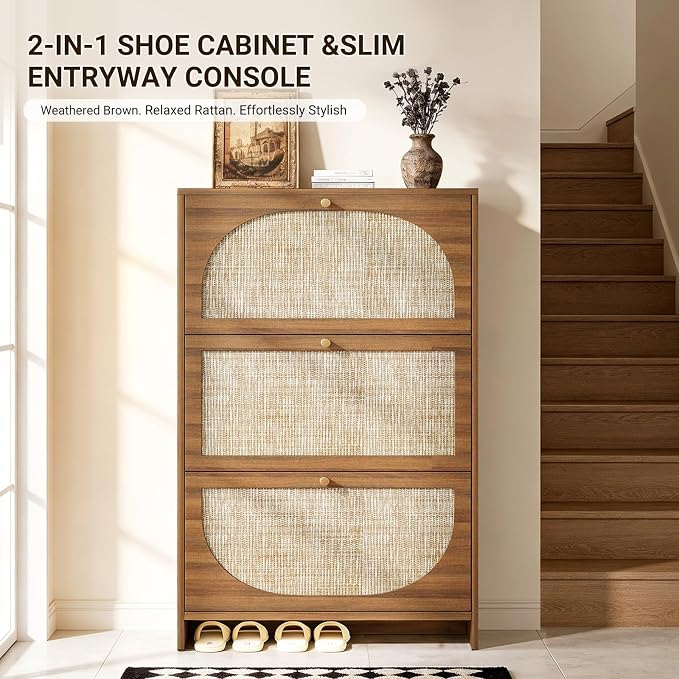 Nicetree Rattan Arched Accent Shoe Storage Cabinet - Freestanding Ultra Slim for Entryway, 3 Flip Drawers & 3-Tier Adjustable Shelves, Farmhouse Modern Rustic Shoe Rack for Hallway, Foyer, Living Room