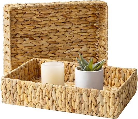 StorageWorks Large Bathroom Baskets, Wicker Storage Baskets for Shelves | Handwoven Water Hyacinth Storage Basket for Organizing, Shallow Rectangular Wicker Tray for Coffee Table, Natural, 2-Pack