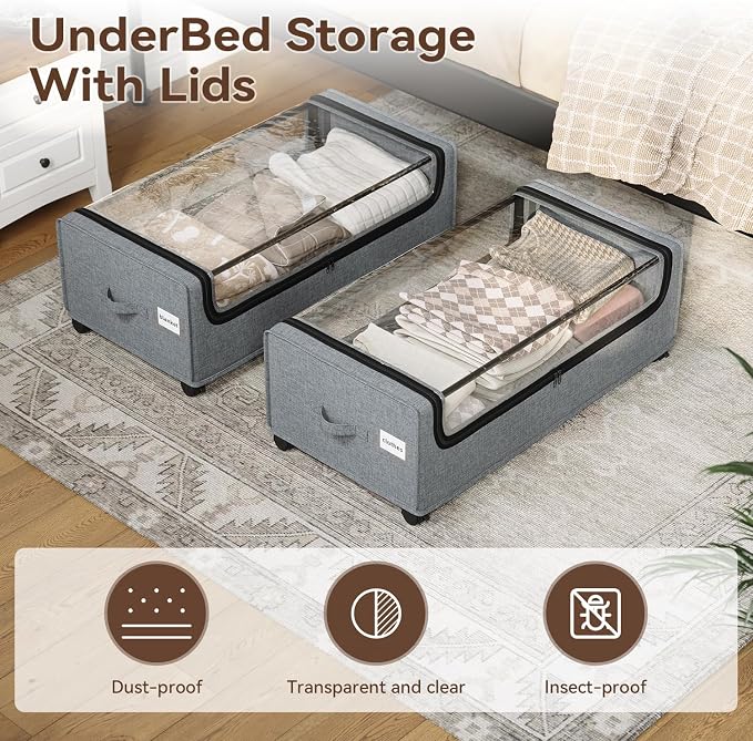Under Bed Storage, 4-Packs Under Bed Storage With Wheels, Under bed Shoe Storage, Metal Frame, 90L Capacity, Storage Drawers for Bedroom
