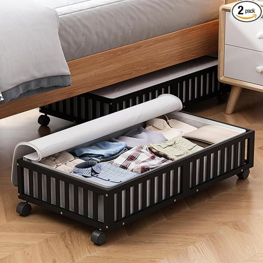 2 Pack Large Bamboo Under Bed Storage Containers with Wheels, Black | Underbed Drawer Storage with Bag, Wood Rolling Underbed Organizer for Shoes, Sheets Clothes Blanket Comforter, Under Crib Toy