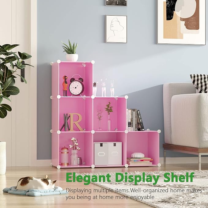 C&AHOME 6-Cube Storage Organizer Cube Shelf Closet Storage Bookcase, Pink | Stackable Cubby Storage, Bookshelf, Portable Plastic Storage Closet Organizer, DIY Modular Shelving Units for Home, Wardrobe