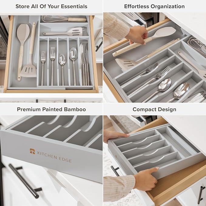 KitchenEdge Silverware & Utensil Drawer Organizer, 10.5-19 in, Gray Bamboo | Cutlery, flatware, food-safe contract grade, kitchen drawer fit