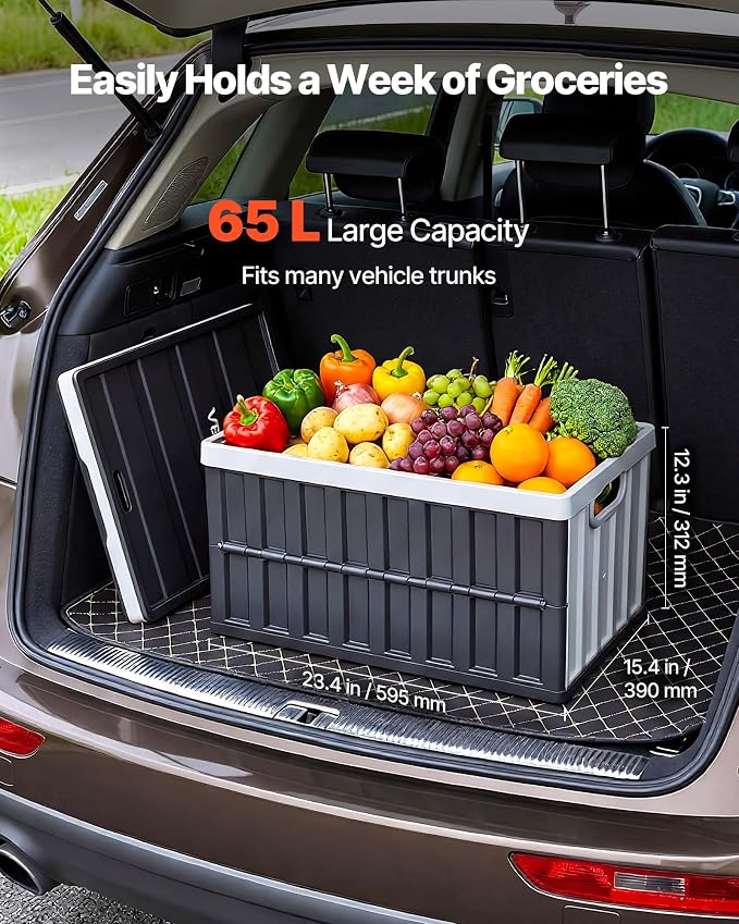 VEVOR Plastic Collapsible Storage Bins with Lids, 65L 2 Packs, Stackable Folding Storage Crates with Handles, Holds 84 lbs Per Bin, Heavy Duty Containers, Space-Saving Baskets, for Home Organizing