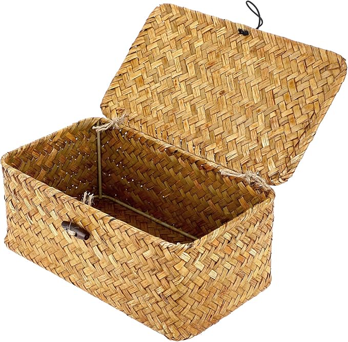 Hipiwe Wicker Shelf Baskets Bin with Lid X-Small Handwoven Basket for Shelf | Natural Seagrass Storage Box, Rectangular Household Basket Boxes for Wardrobe Home Organizer, Caramel