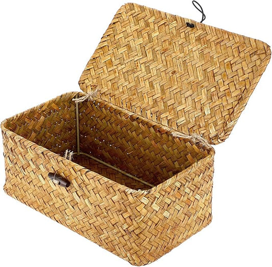 Hipiwe Wicker Shelf Baskets Bin with Lid X-Small Handwoven Basket for Shelf | Natural Seagrass Storage Box, Rectangular Household Basket Boxes for Wardrobe Home Organizer, Caramel