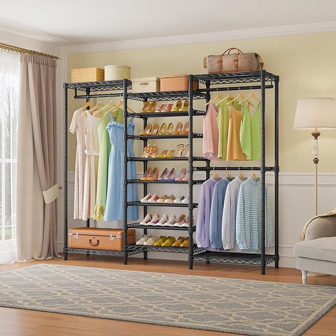 VIPEK S3 Heavy Duty Garment Rack with 8-Tier Shoe Rack, Black | Freestanding Clothes Rack with 3 Hanging Rods, Adjustable Shelves, Large Walk-In Closet Storage Organizer for Bedroom