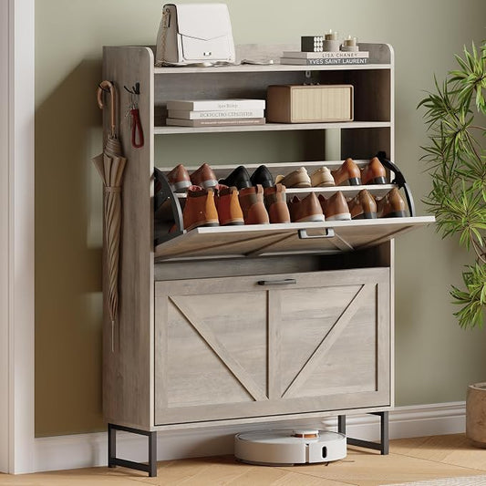 Shoe Cabinet with 2 Flip Drawers, Freestanding Hidden Shoe Storage Organizer for Entryway, Narrow Slim Shoe Rack Cabinet with Open Storage & Hooks for Front Door Entrance, Living Room, Hallway, Grey